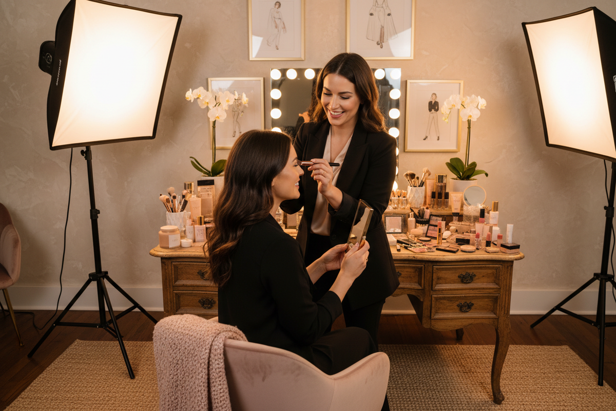 Makeup artist giving a 1:1 beauty lesson to a client